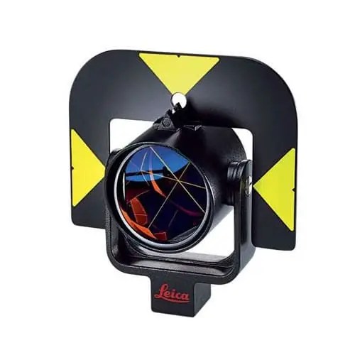 A Leica GPR121 Circular Prism with Holder 641617 mounted on a white background.