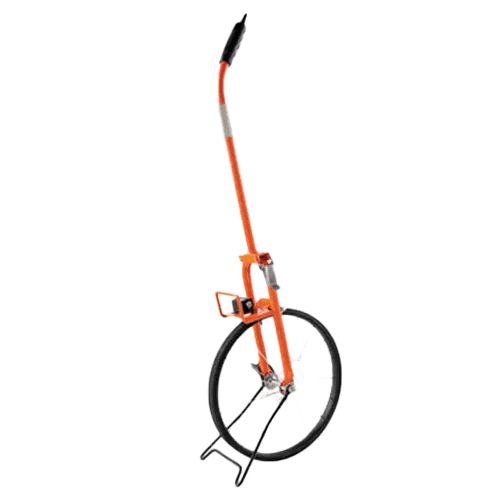 Orange unicycle with tall handlebar.