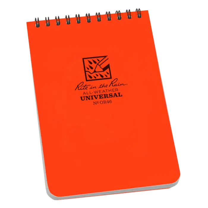 Orange spiral-bound all-weather notebook.