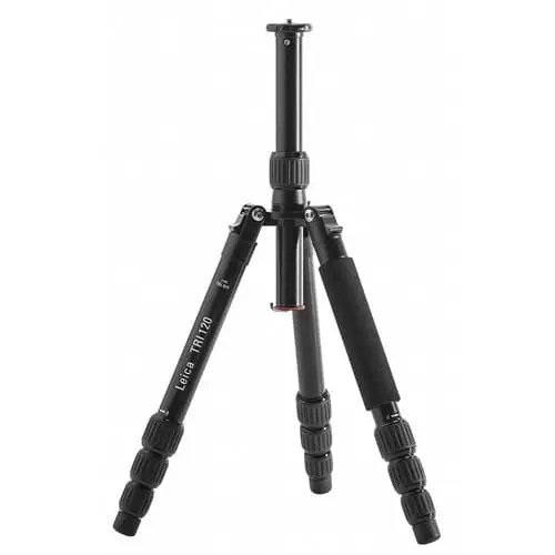 Black photography tripod with adjustable legs.