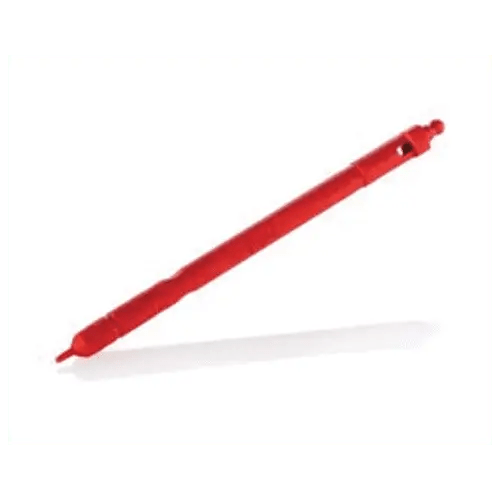 Red pen with cap on surface.