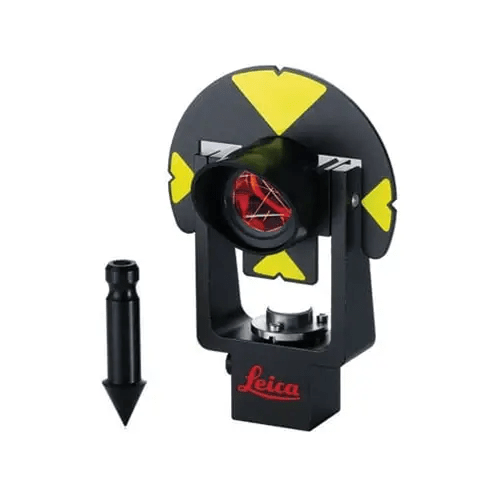 Leica prism target with mounting accessory.