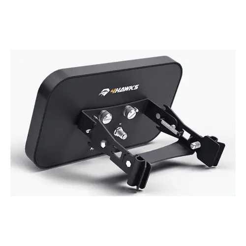 Black electronic device with adjustable mounting bracket.
