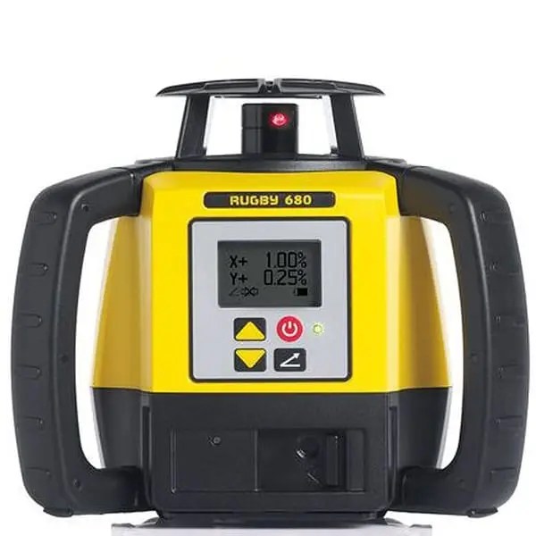 A yellow and black laser level on a white background.
