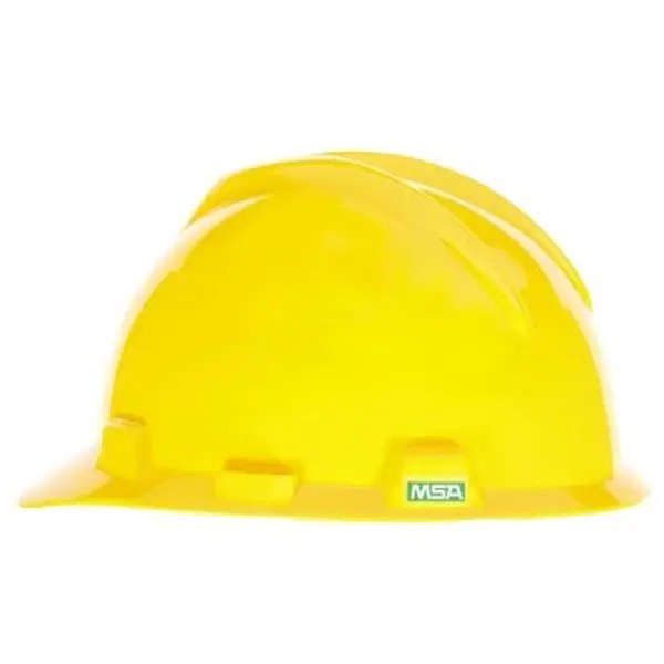 Yellow safety helmet with logo.