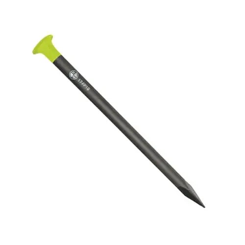 Metal stake with green handle on white.