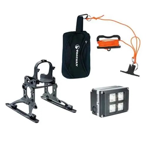 Snowmobile gear with mount, bag, and light.