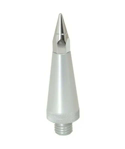 Metallic cone-shaped nozzle with threaded base.