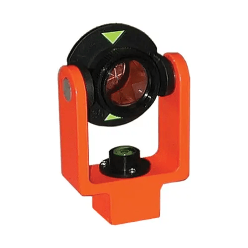 Orange surveying prism with level indicator.