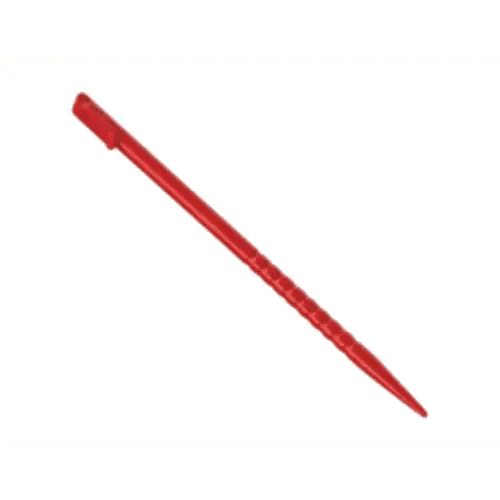 Red plastic ground stake on white background.