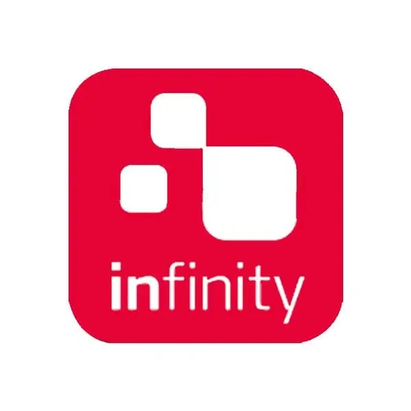 Red logo with "infinity" text and shapes.