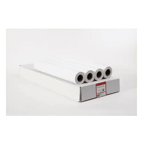 Four rolls of white paper in box.