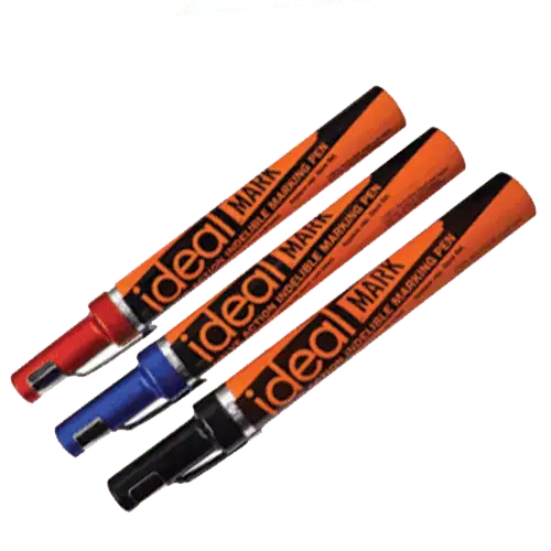 Three orange industrial marking pens on black.