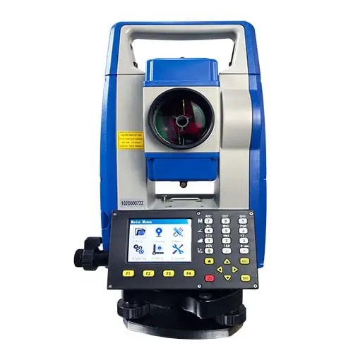 Blue digital theodolite surveying instrument.