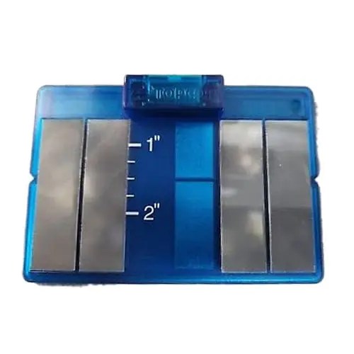 Blue depth gauge with metallic slides.