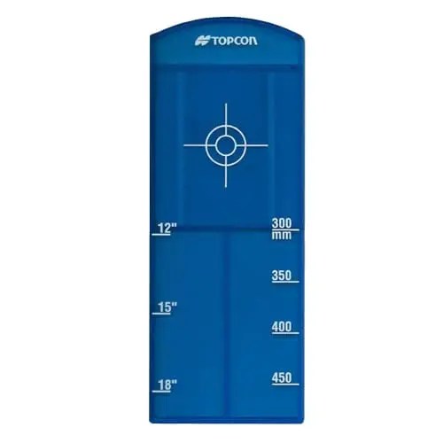 Here's an alt tag for the image: Blue Topcon target, 12"-18" measurement.