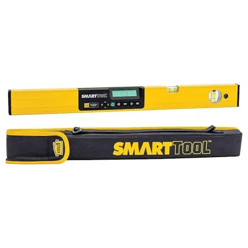 Yellow digital level with carrying case.