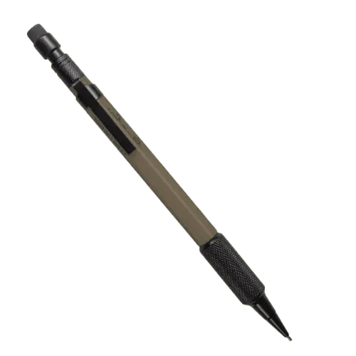 Here's an alt tag for the image: Olive green mechanical pencil, close-up.