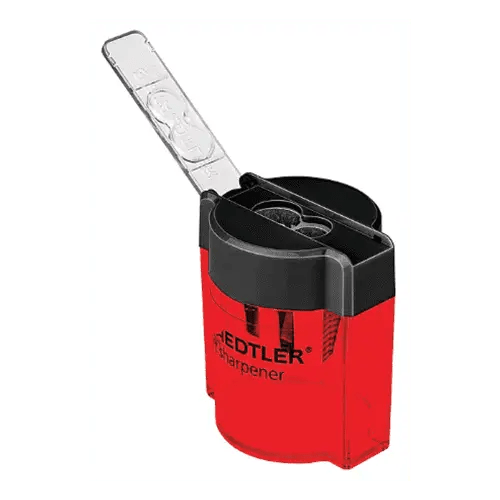 Red pencil sharpener with black lid.
