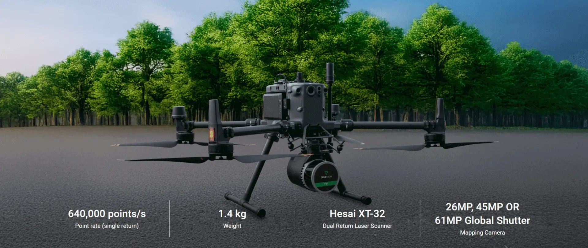 Drone with laser scanner in forested area.