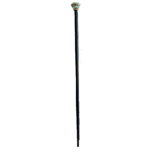Long black staff with decorative top.