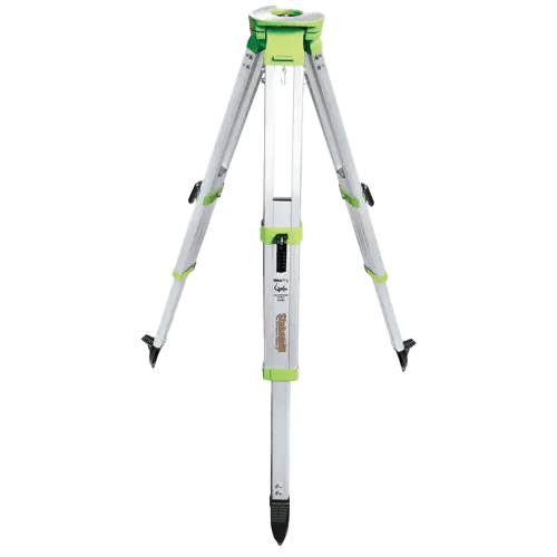 Surveying tripod with green accents.