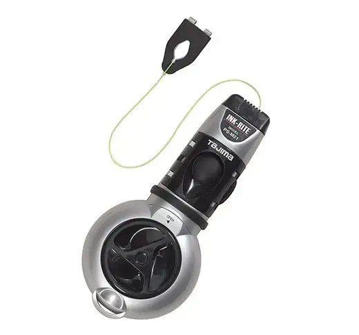 Chalk line reel with string, black and silver.