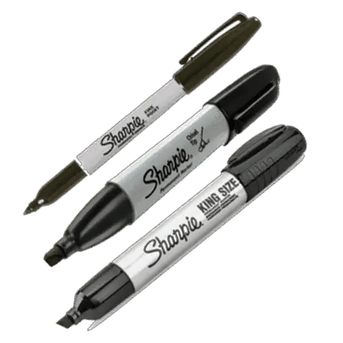 Three black Sharpie markers on black background.