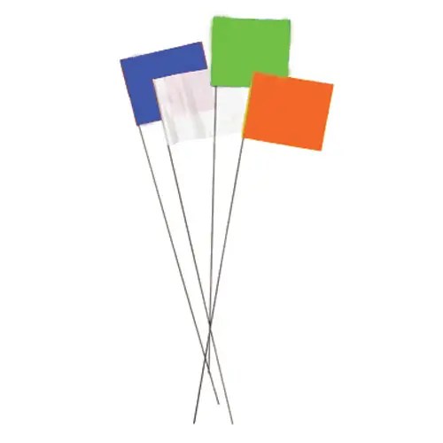 Four colorful square flags on sticks.