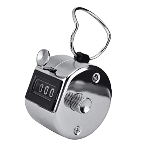 Metal handheld tally counter with ring.