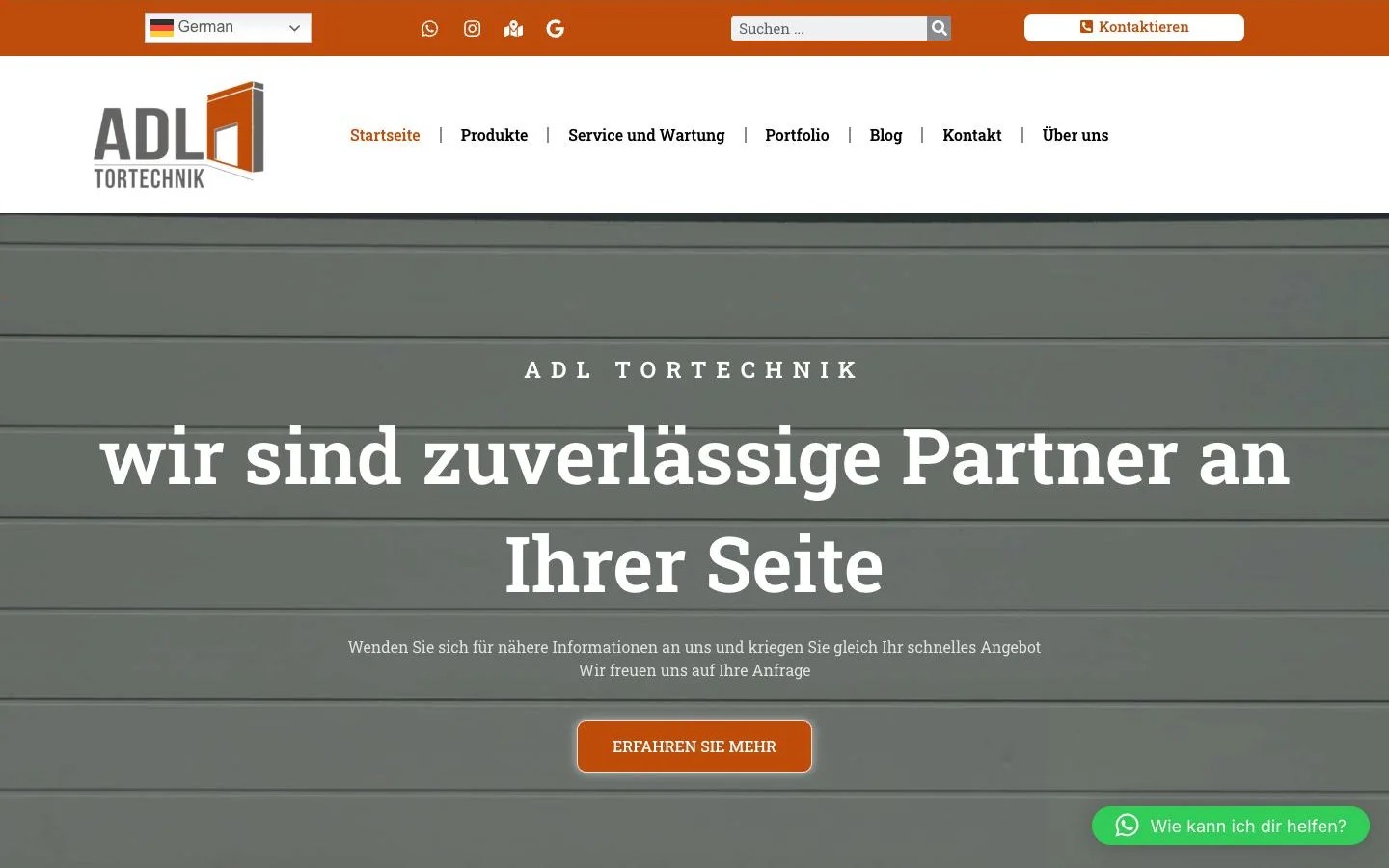 ADL Tortechnik home page on desktop: the headline “wir sind zuverlässige Partner an Ihrer Seite” over a garage door, with the orange top bar above