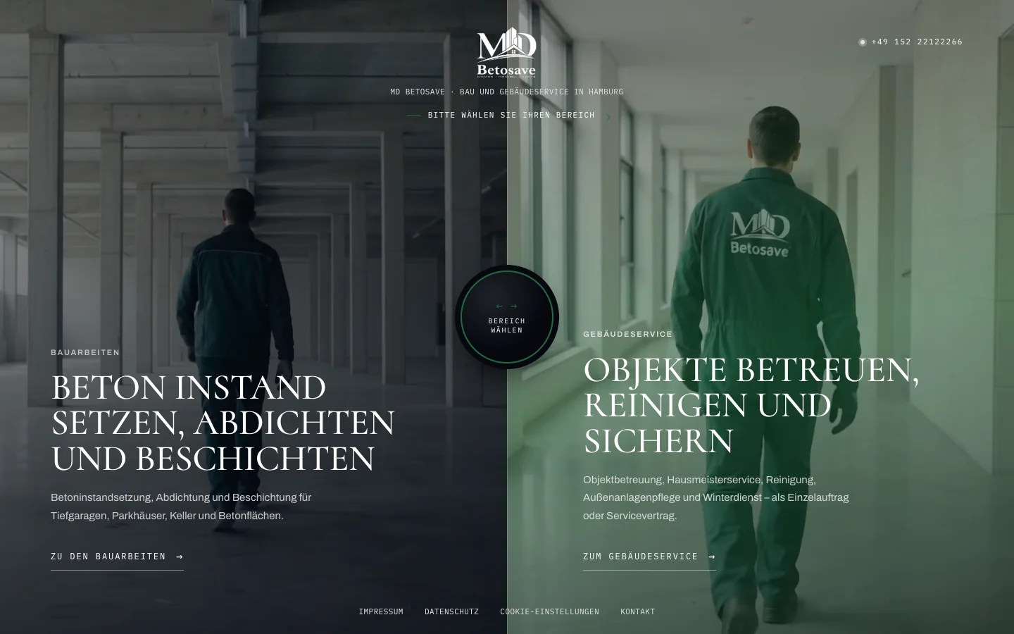 MD Betosave homepage on desktop: split screen with the two divisions, construction work and facility services