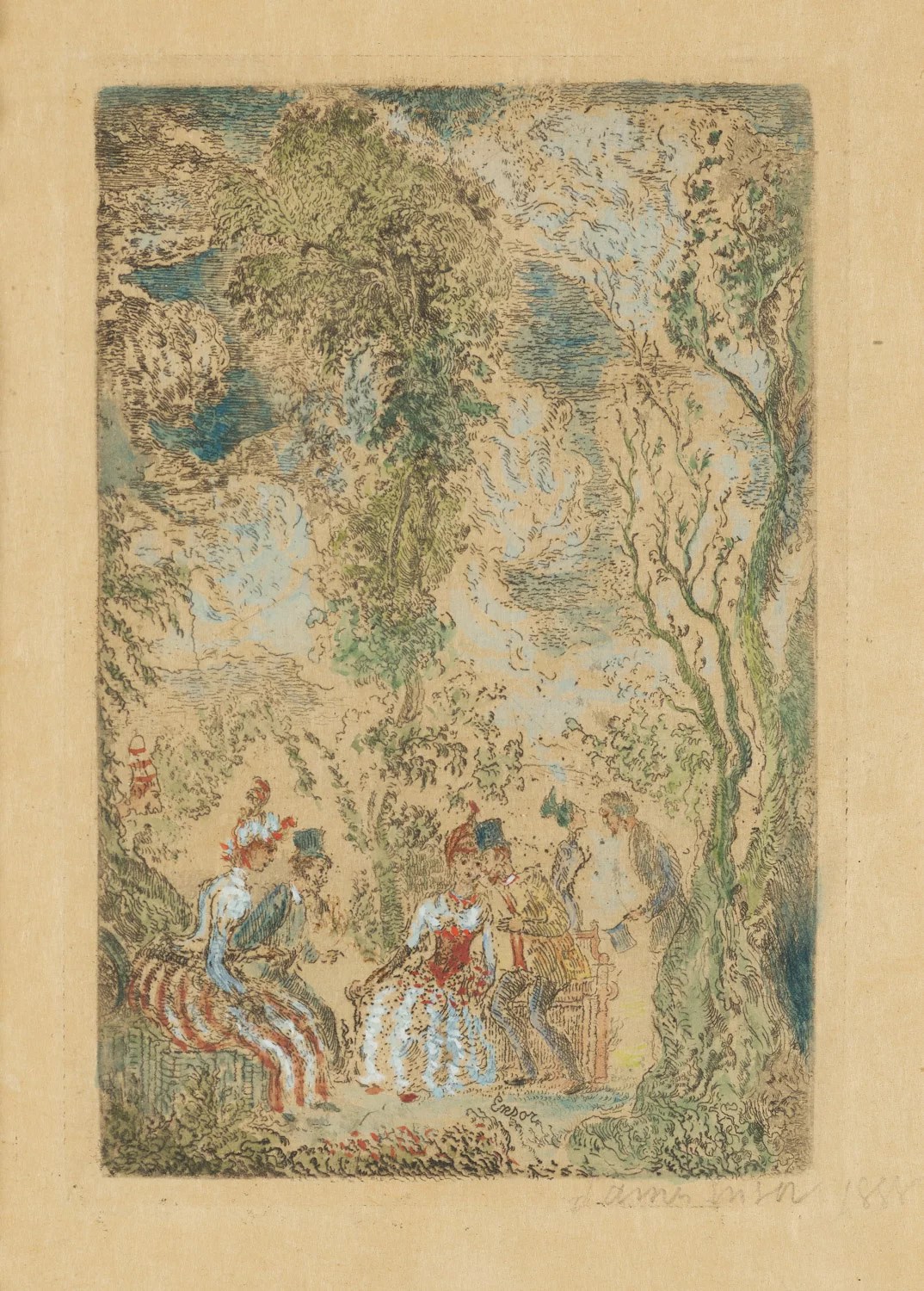 James Ensor, Liebesgarten (1888), Radierung, handkoloriert, 11,2 x 7,3 cm, Sammlung Deckers, Ostende, Foto: Steven Decroos.