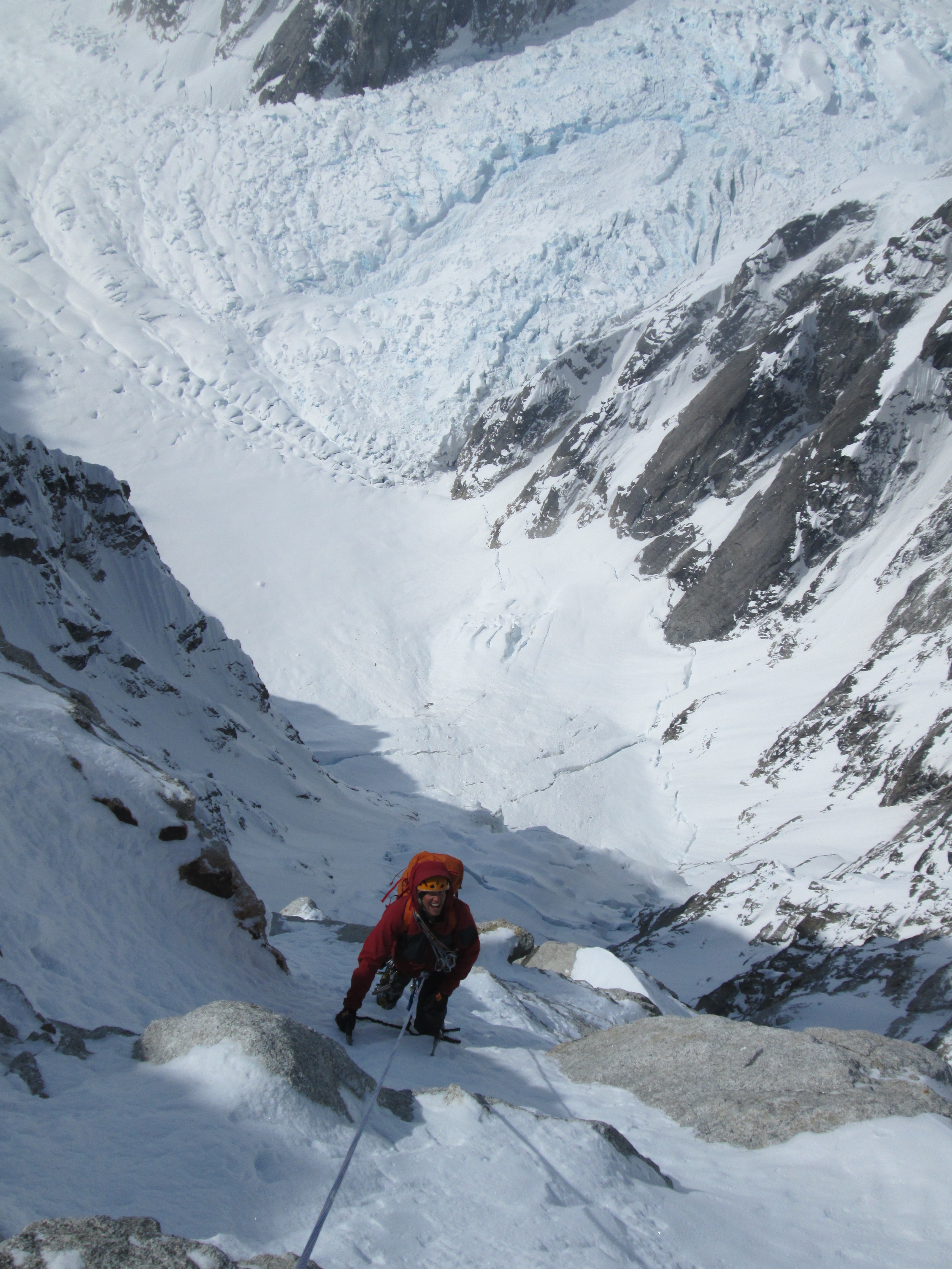 Clint following the crux free climbing pitch on the Phantom Wall