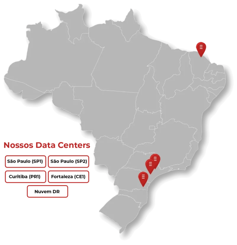 Mapa do Brasil destacando a localização dos data centers com marcadores em vermelho.