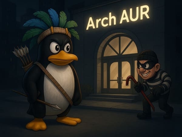 Ilustração realista de um pinguim guerreiro com arco e flechas defendendo o Arch Linux AUR contra um hacker em ataque DDoS noturno.