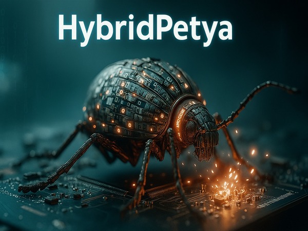 Ilustração realista de um inseto digital representando o ransomware HybridPetya sobre uma placa-mãe, com LEDs e circuitos brilhando, simbolizando a ameaça cibernética que combina técnicas do Petya e NotPetya e utiliza bootkit UEFI para burlar o Secure Boot.