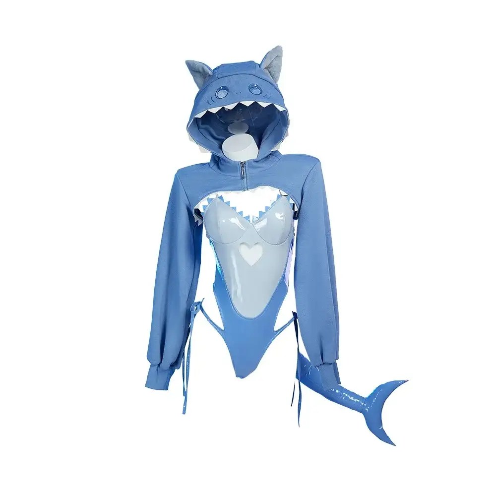 Kawaii Shark Cutout Bodysuit & Cropped Hoodie Cosplay Set
