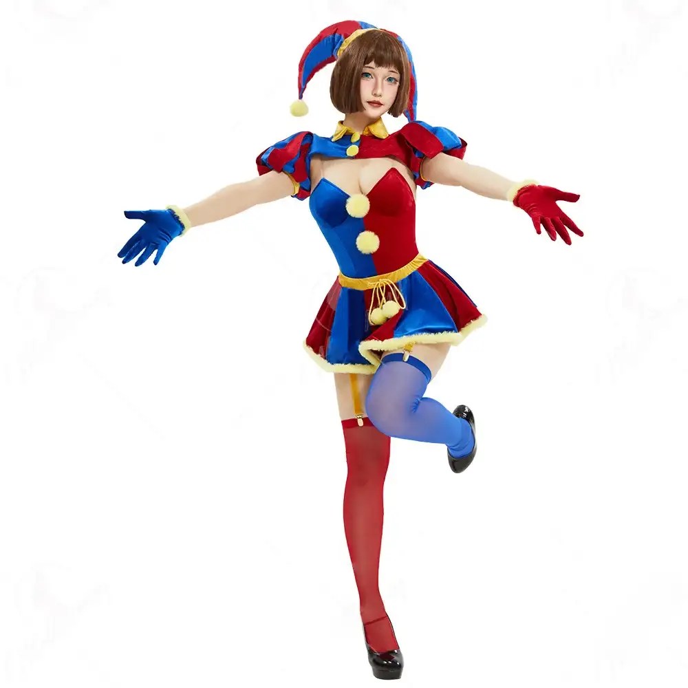 Kawaii Red & Blue Jester Clown Cosplay Costume – Halloween Bodysuit Set