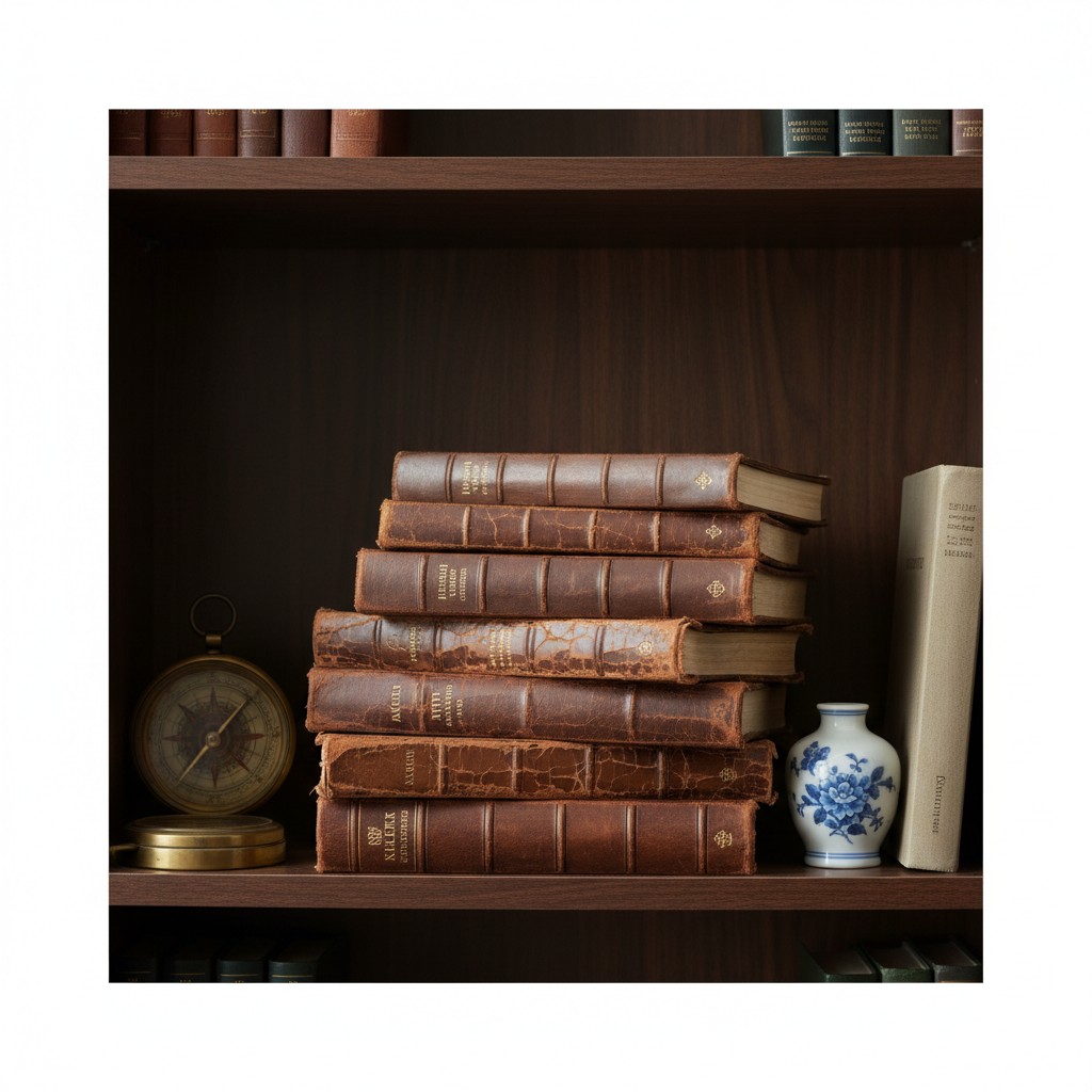 old leather bound books on bookshelf with antique clock.