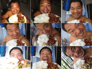 bacon strips, stir fried mushrooms, eggs and white rice