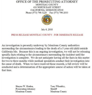 Moniteau Child Death Investigation Could Take Months