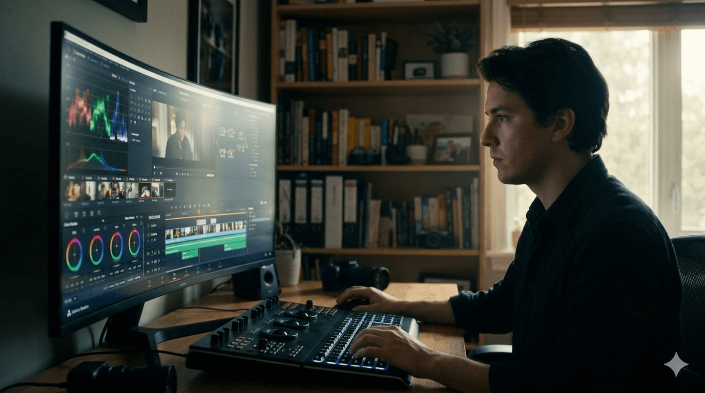 Professional film editor working on computer