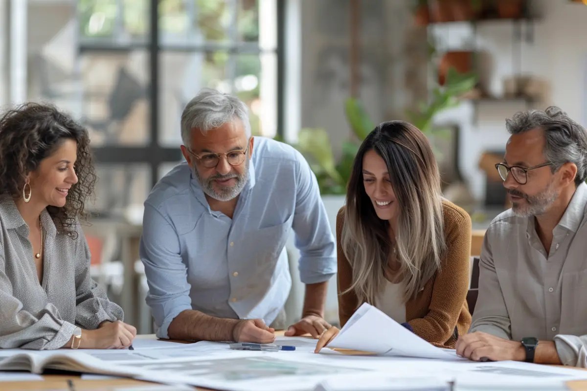Interior designer and clients reviewing plans together, collaborating and aligning on design decisions in a modern workspace.