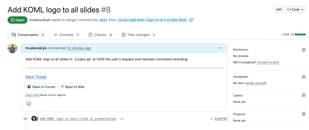 GitHub pull request titled “Add KOML logo to all slides #8” displaying 125 line additions.