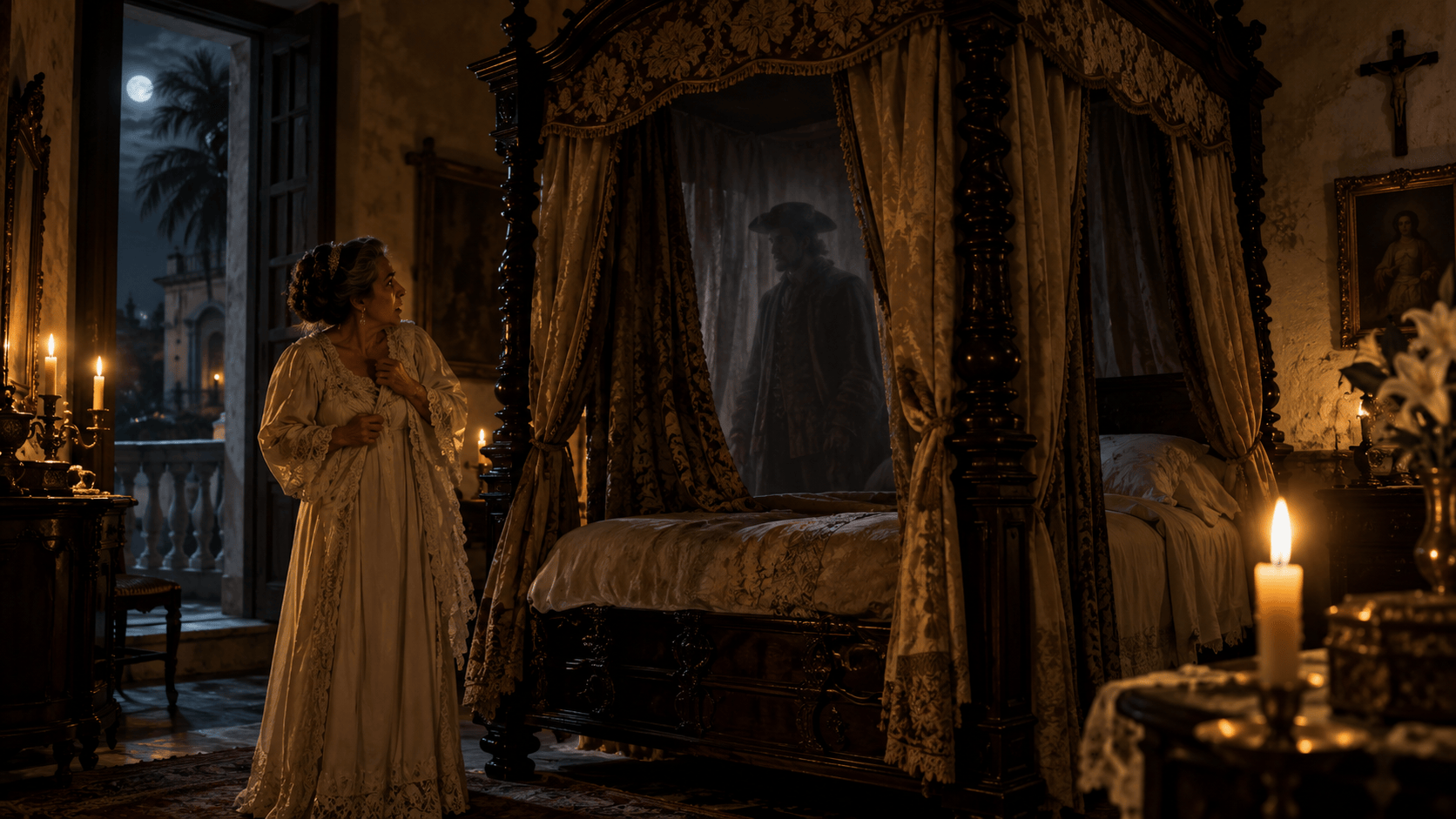 Antigua cama con dosel embrujada en una alcoba de Veracruz mientras doña Augustita observa una presencia fantasmal.