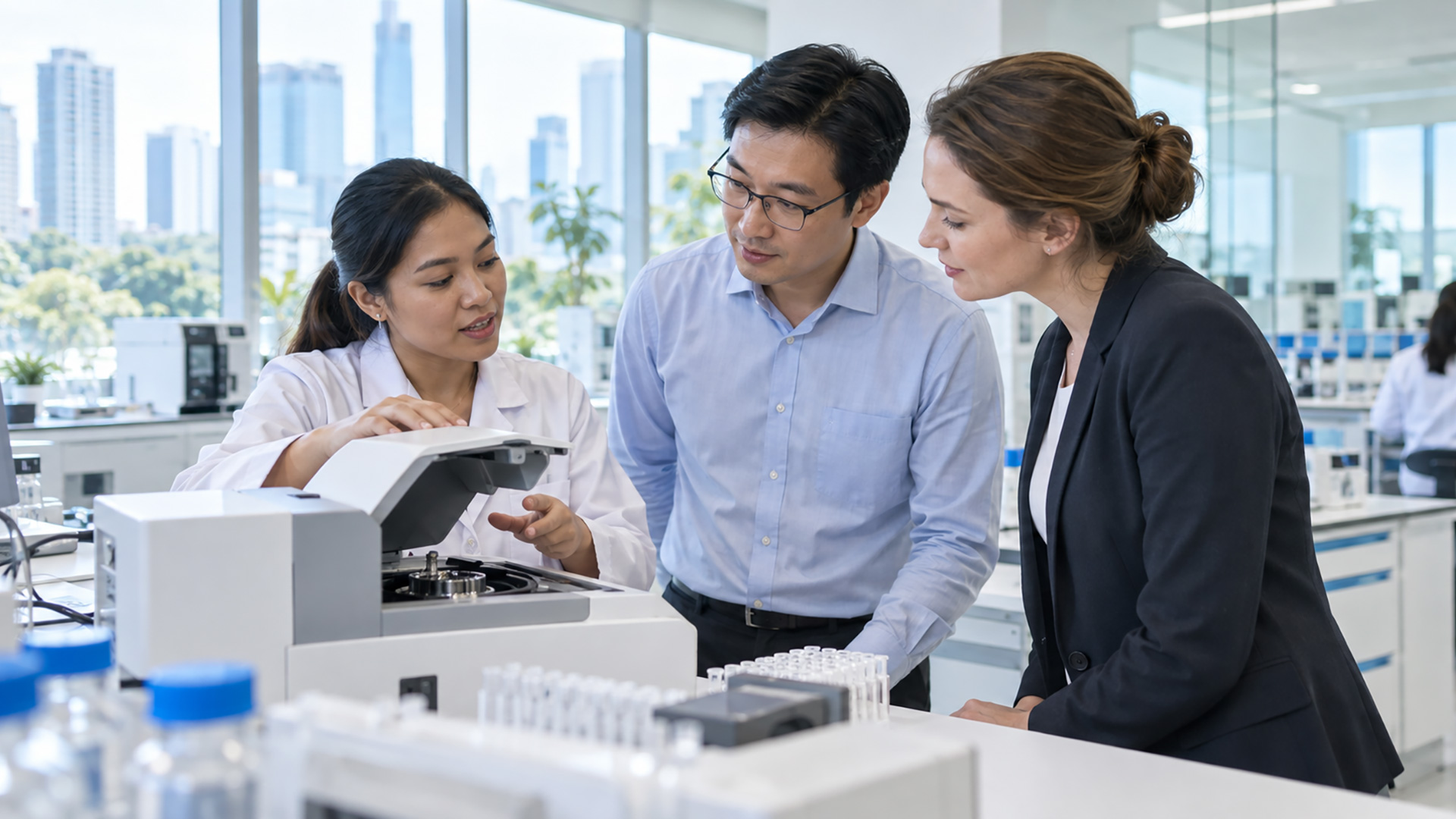 DKSH specialists discussing an Asia Pacific market expansion strategy with a technology business partner.