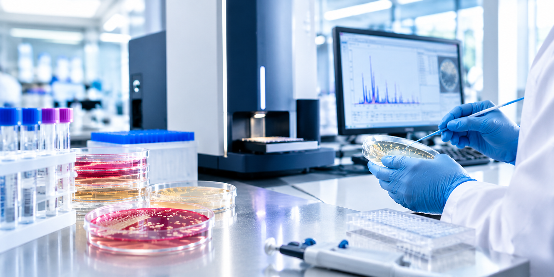 Advanced microbial identification analyzer with spectral data visualization in a modern laboratory