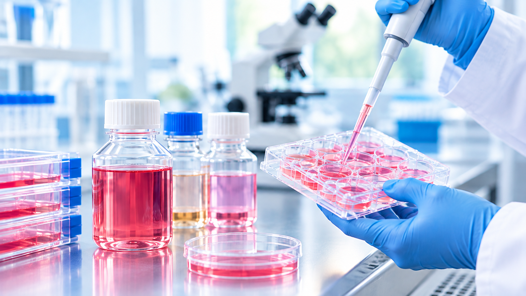 Laboratory cell culture setup illustrating optimized media for cell growth and reproducible research results.