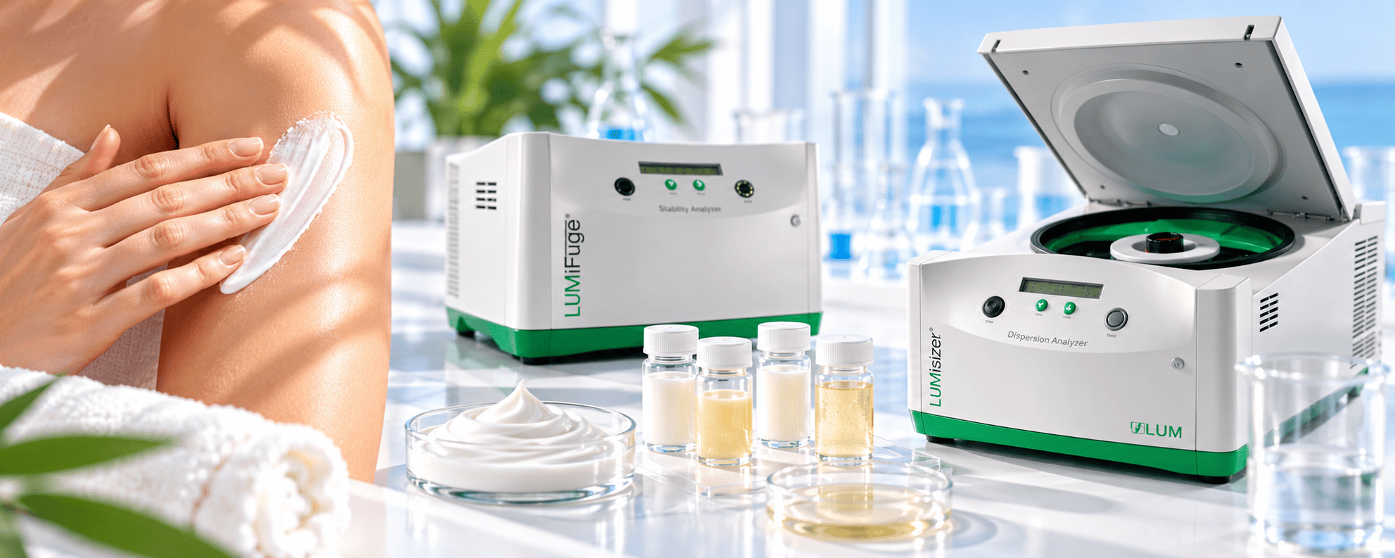 Sunscreen applied to an upper arm beside LUMiFuge and LUMisizer instruments and cosmetic formulation samples in a laboratory